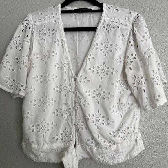 Abercrombie Fitch White Eyelet Button Up Tie Front Crop Flutter Sleeve Blouse S - Picture 1 of 10